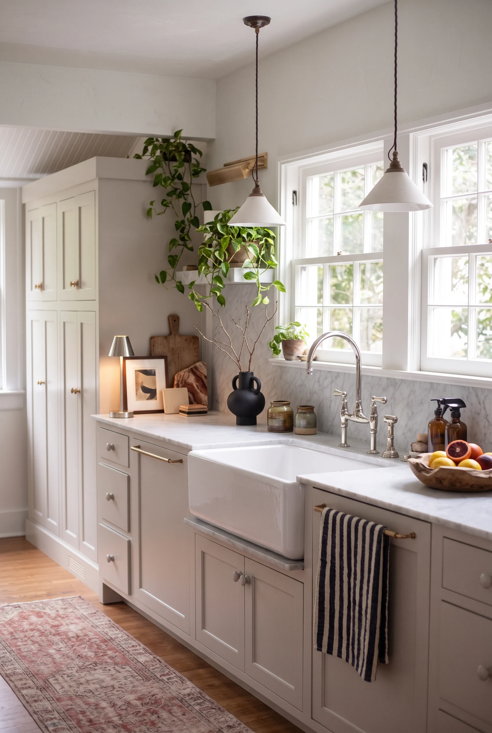 Atlanta Cottage Revival kitchen with a farmhouse sink, marble countertops, pendant lights and restored sash windows